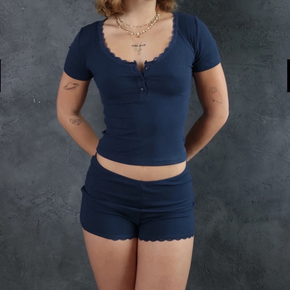 Blue Pajama Set with Scalloped Trim